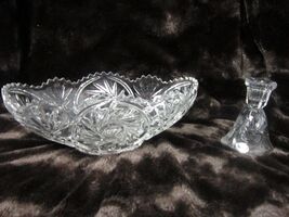 Bohemia Czech Cut Crystal Etched Banana Fruit Bowl Pinwheels Saw Tooth + Candle