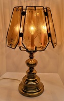 Vintage Brass Tone Lamp with Glass Panel Shade - Three Settings