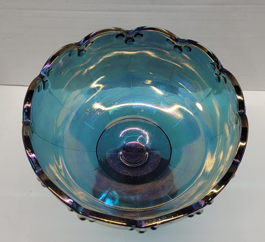 Vintage Carnival Glass Blue Iridescent Pedestal Fruit Bowl Candy Dish 1970 S Avenue Shop Swap